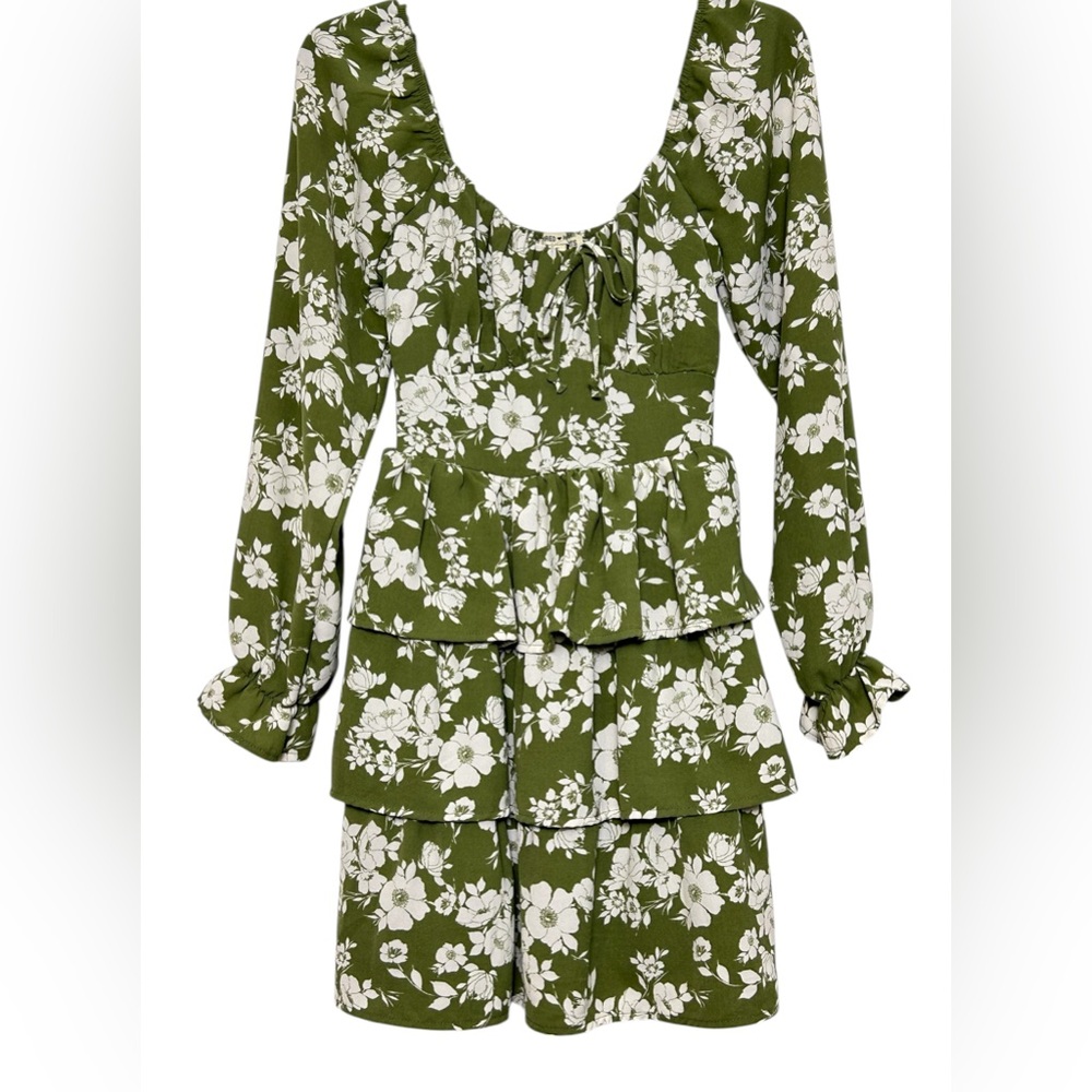 Inspired Hearts Boho Floral Tiered Mini Dress Olive Green Size Small - Picture 2 of 9
